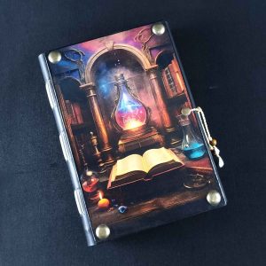 Caderno costurado com capa em madeira Alquimia