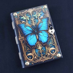Caderno costurado com capa em madeira Borboleta 01