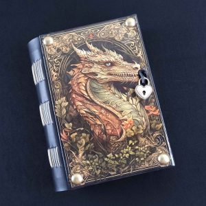 Caderno costurado com capa em madeira Dragão 01