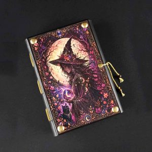 Caderno costurado com capa em madeira Bruxa 05