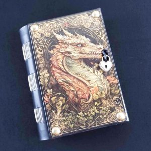 Caderno costurado com capa em madeira Dragão 01
